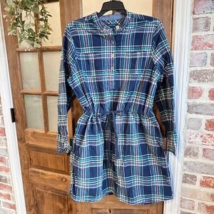 Lands' End Shirt Dress Women 14P Blue Green Plaid Cotton Drawstring Waist Pocket